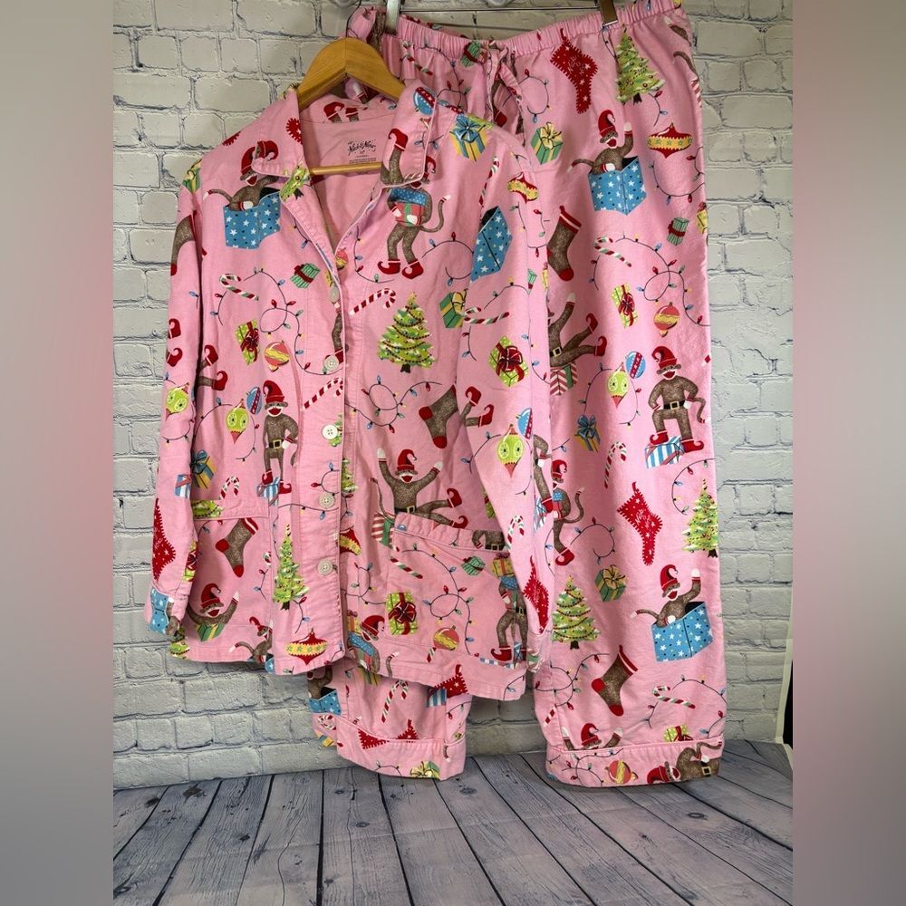 Nick & Nora Pink Retro Festive Christmas Holiday Sock Monkey Pajama Set XXL